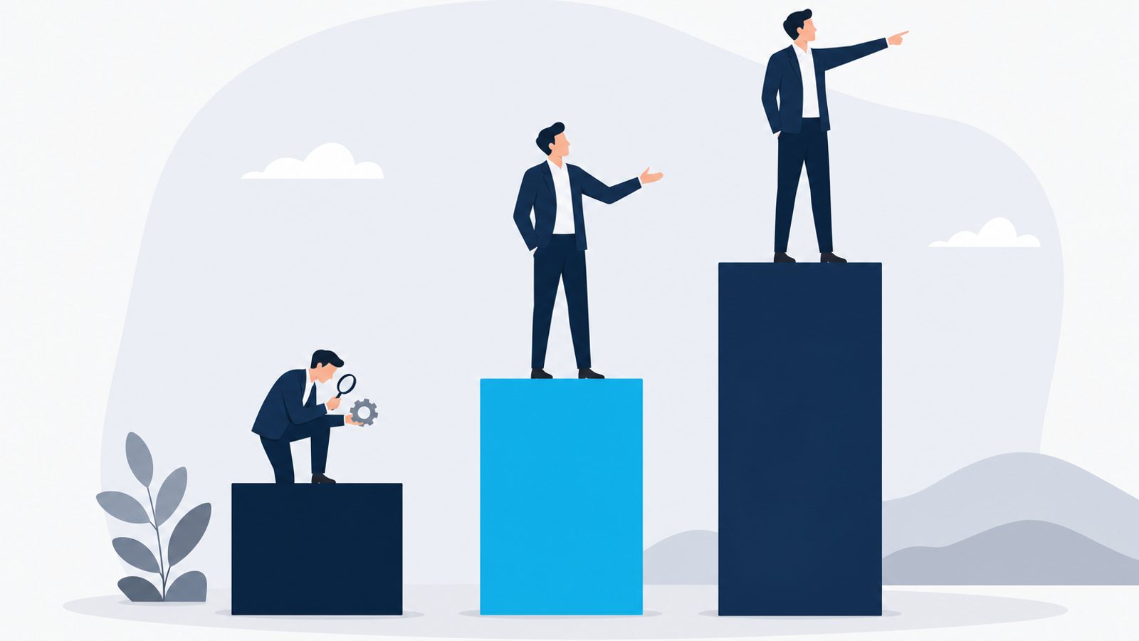 Three ascending podium tiers with a navy-suited figure on each — the middle celeste tier represents the pivot Level of Work.