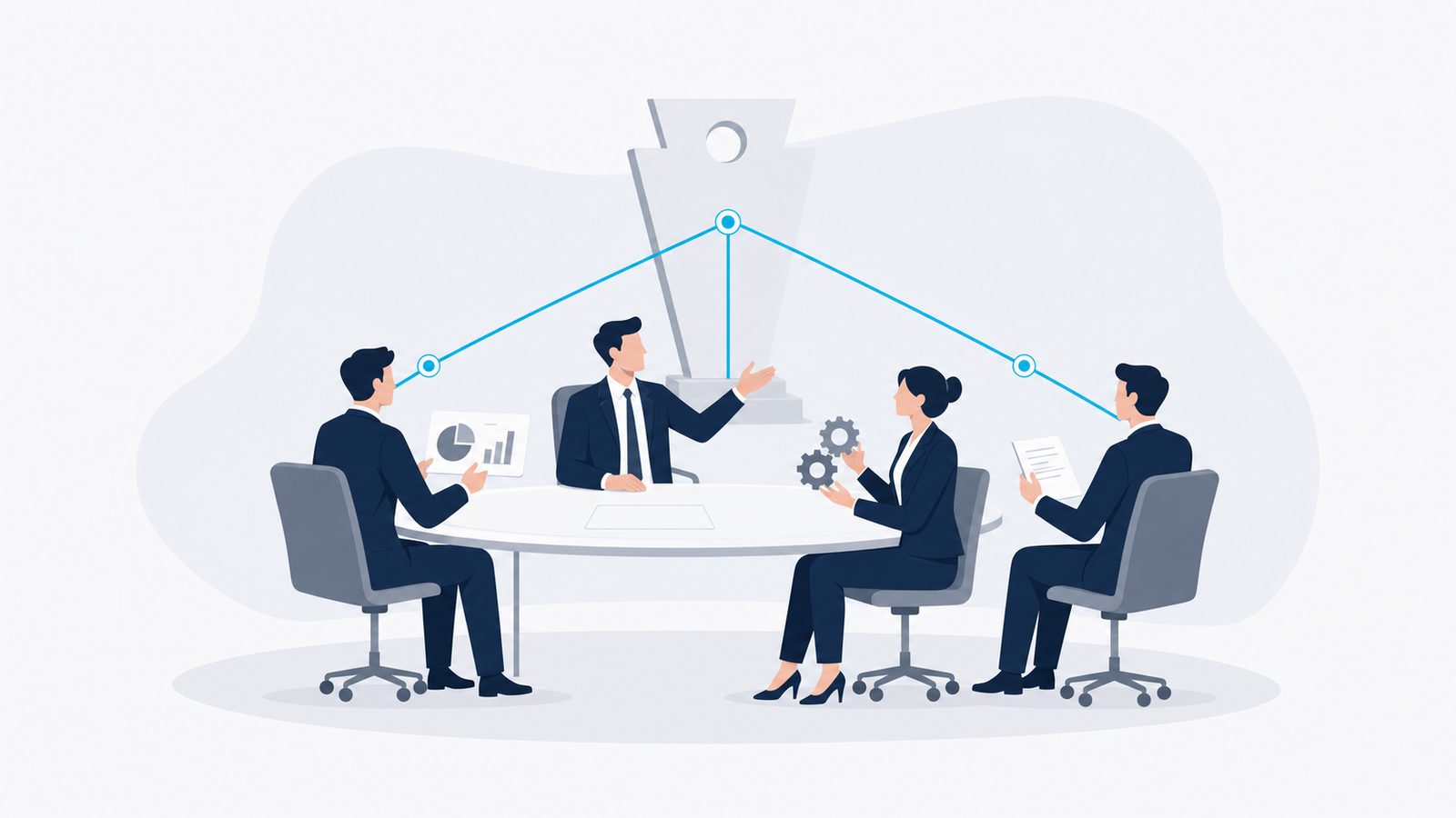 A small board seated around a table read as one integrated instrument: composition, chair, committees, information, and process resolve into a single celeste line of coherent judgment.