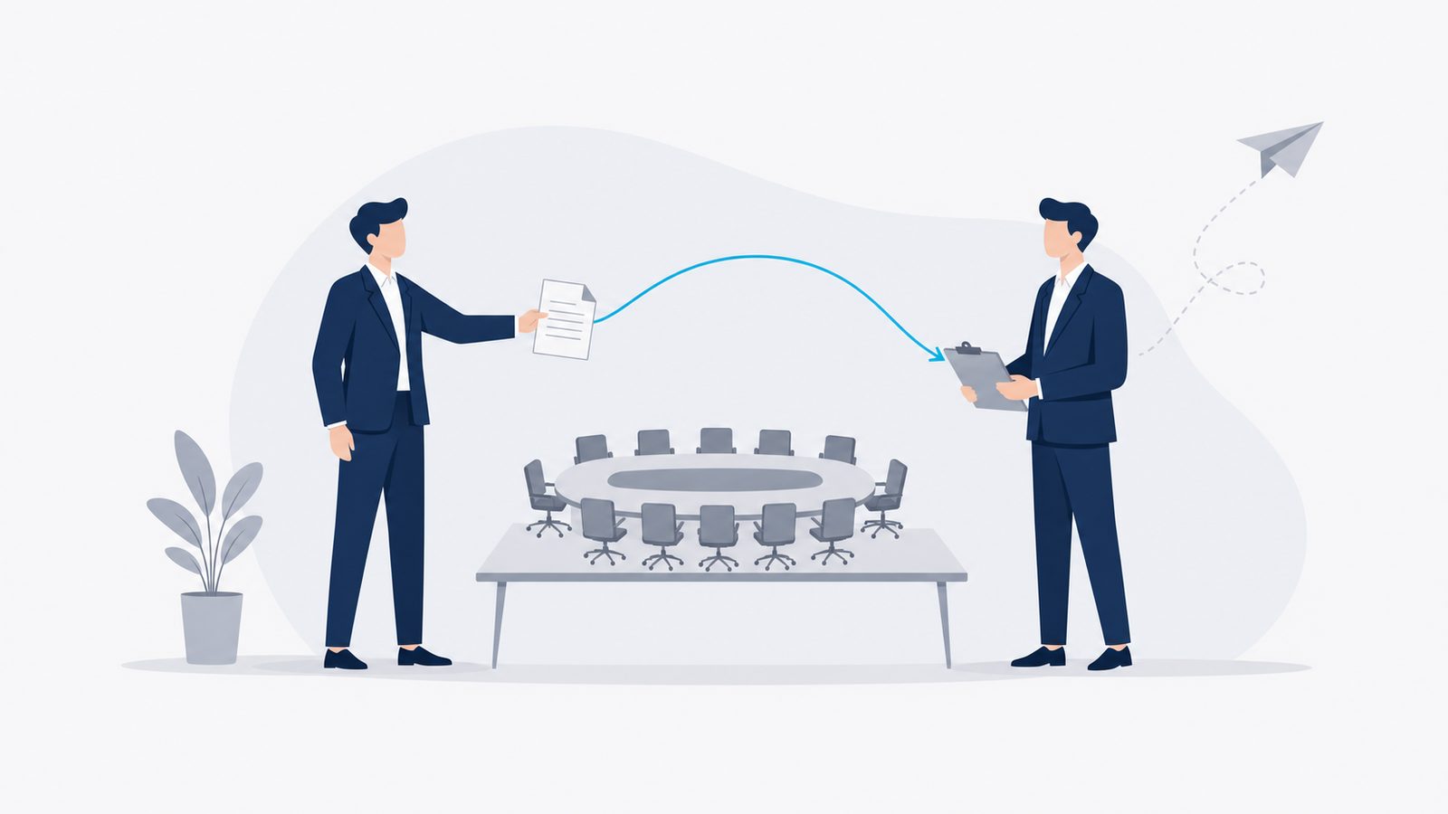 Two navy-suited figures at a table exchange a folded document across a small model of a boardroom — a soft mist column separates the two sides of the table — while a single celeste line traces from the document, arcs over the boardroom model, and lands on a clipboard held by the receiving figure.