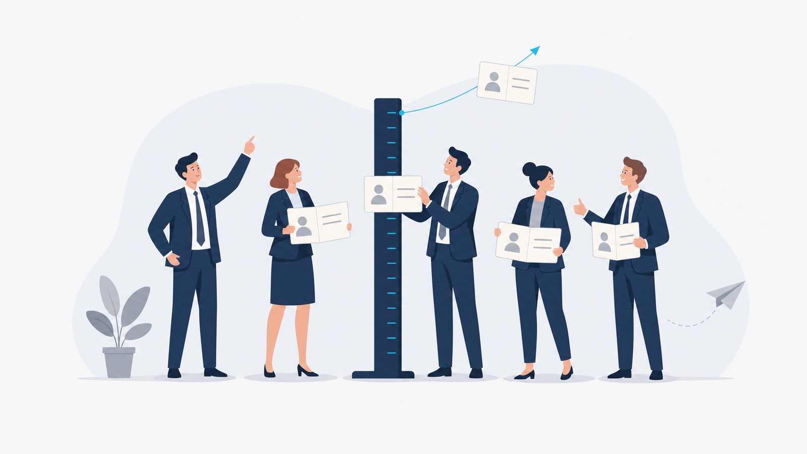 A tall navy standard-of-measure stands at the center on a light card field, its rungs each labeled with a small celeste tick; five navy-suited HR figures from different backgrounds stand in a wide circle around it, each holding an open role card that they are aligning to the standard, while a single celeste line arcs upward from the top of the standard to a small round table where three figures compare cards side by side