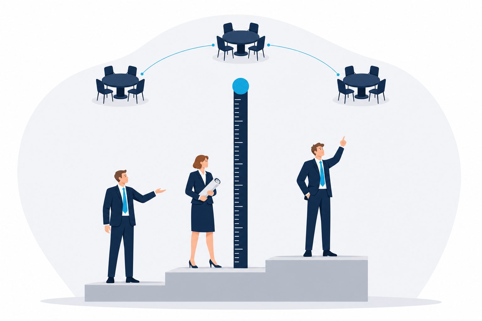 A tall navy measuring standard with milestone ticks rises in the center, topped by a small celeste disc; three navy-suited third-generation figures stand on shallow stepped platforms around it — one gesturing upward in conversation, one holding a rolled development plan, one reaching toward the top — while three small round board tables float above, connected to the standard's apex by a single thin celeste arc