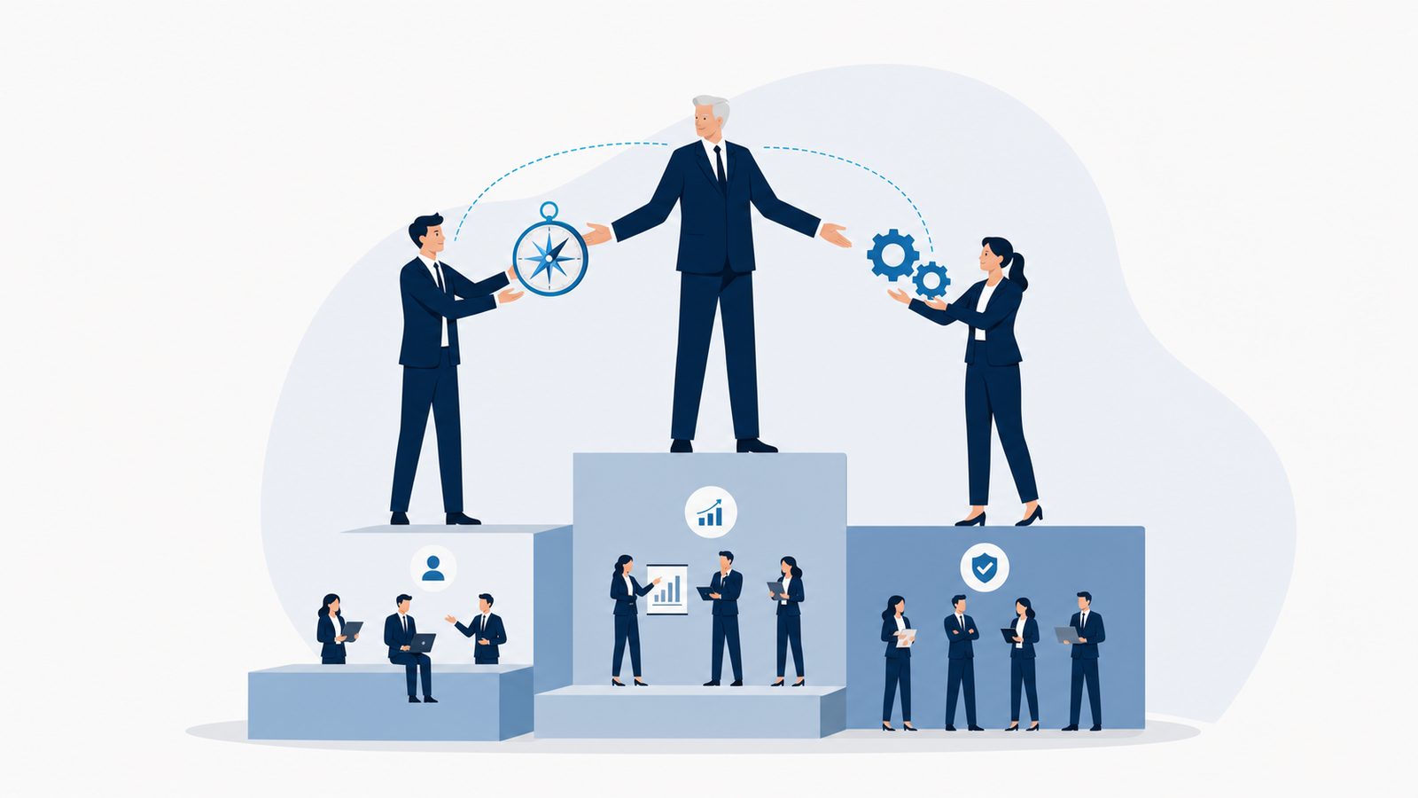 A retiring founder figure at center passes a compass to one navy-suited successor at the left and interlocking gears to another at the right, connected by a thin celeste arc, while a cascade of stepped platforms of navy-suited executives extends beneath