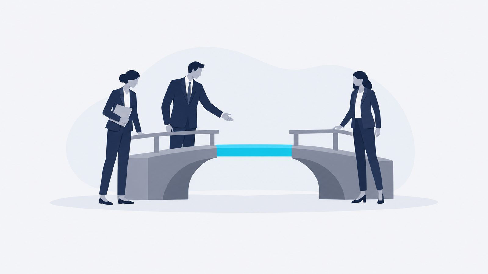 Three navy-suited figures examine a short bridge with a celeste connecting section on a light background.