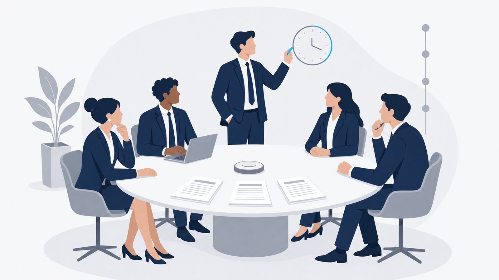 Four navy-suited board members seated at a round table with three named papers laid out between them — mandate, scope, and questions — while a fifth figure at the head places a single celeste marker beside a clock, naming the moment the evaluation formally begins.