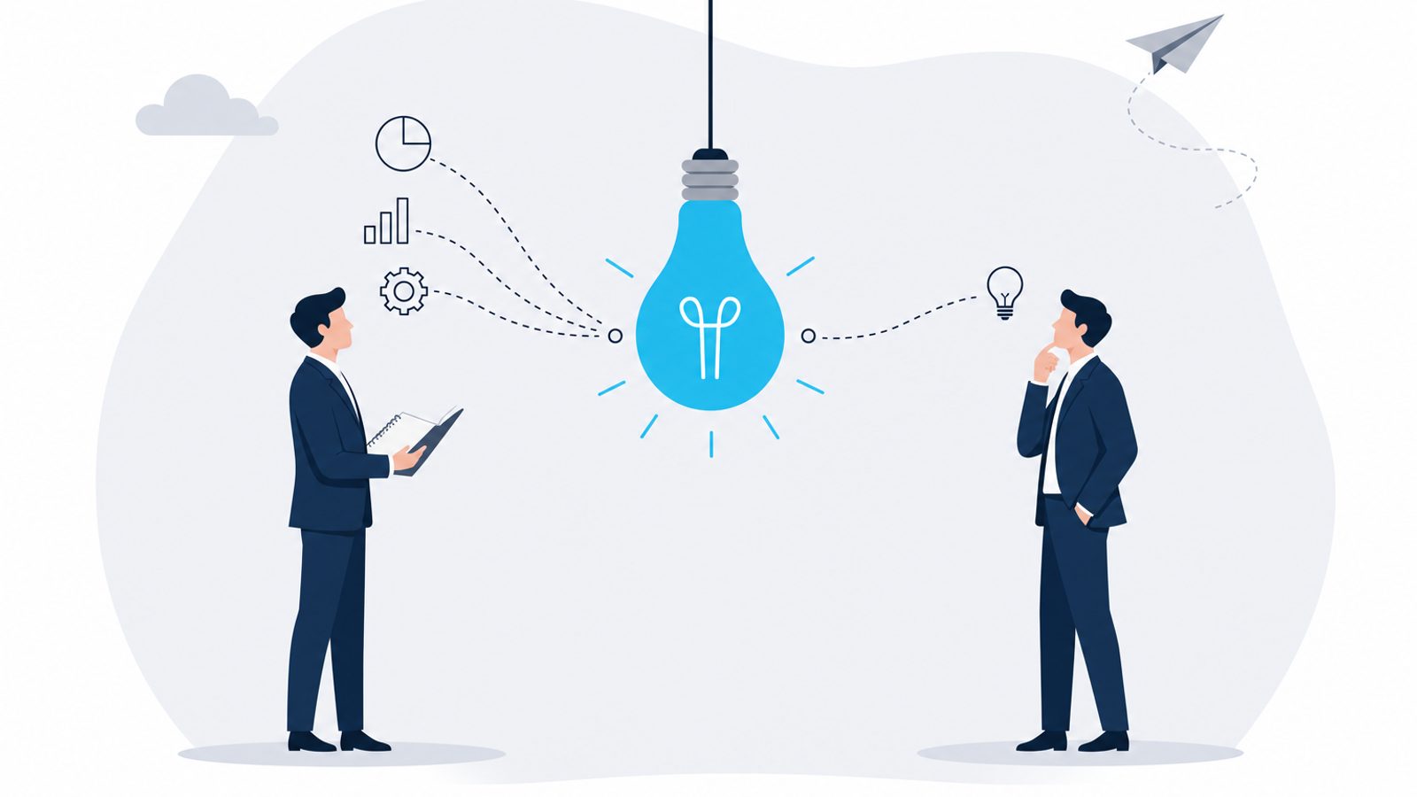 Two navy-suited figures approach the same central celeste lightbulb from opposite sides — different modes of thinking converging on the same insight.