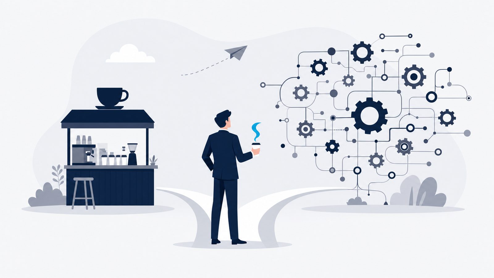 A navy-suited figure holds a coffee cup with celeste steam at the fork between a simple coffee stand and a complex system of gears.