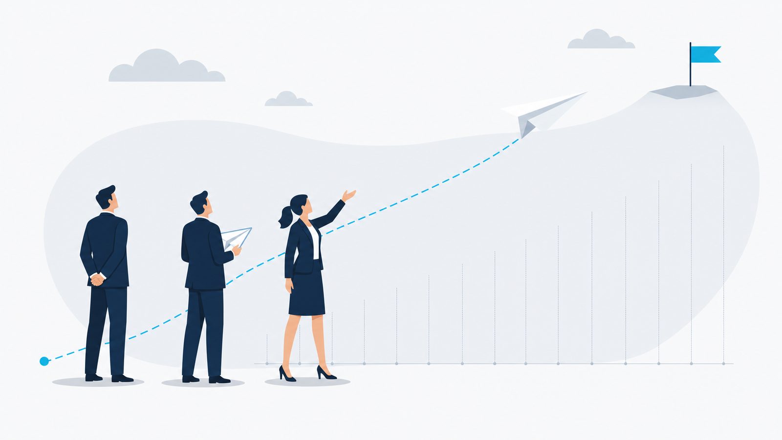 Three navy-suited business figures watch a celeste paper-airplane trajectory rise toward a landing platform on the right — flight as the metaphor for capability travelling across a long horizon