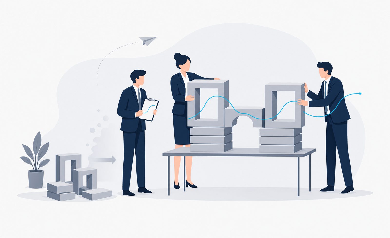 Three navy-suited figures at a table lift a set of hollow blocks into a supporting structure — spans, layers, and interfaces named on the blocks — while a single celeste line traces the decision path that now flows through the architecture. A soft mist column behind the scene marks the transition from old shape to new.