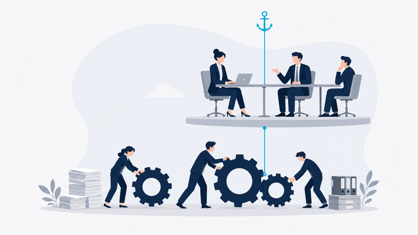 An elevated boardroom platform tethered by a celeste anchor-line above the operational floor of gears and papers below