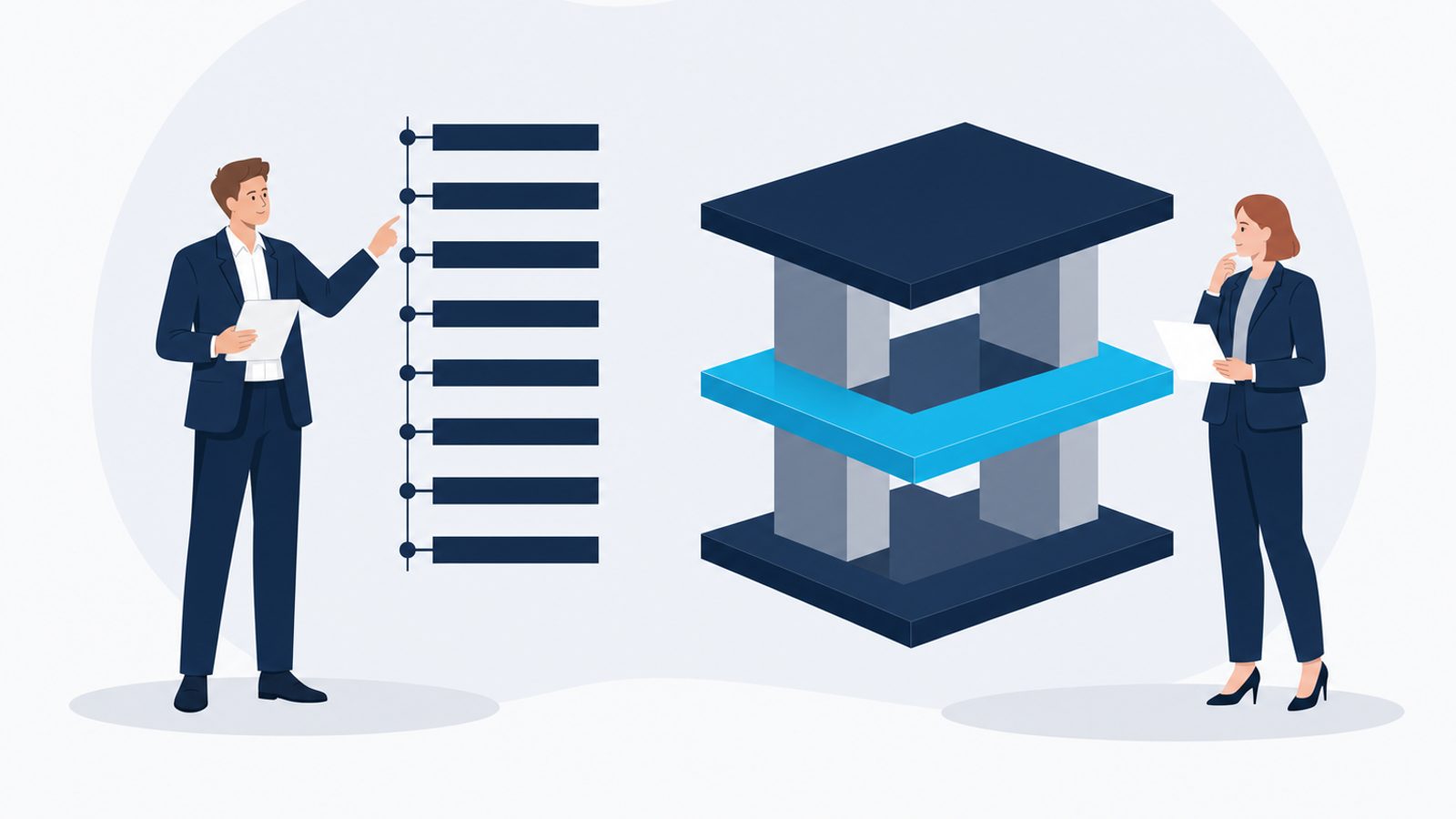 A flat linear checklist beside a layered architectural stack with a single celeste layer highlighting the underlying structure