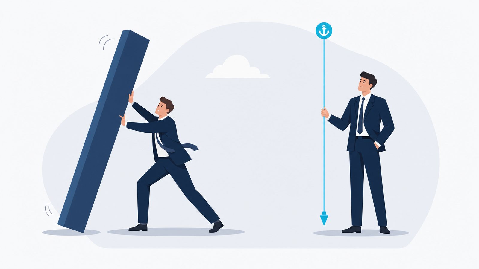 One figure strains to hold a tilting beam upright while another stands calm holding a true celeste plumb-line from an anchor above