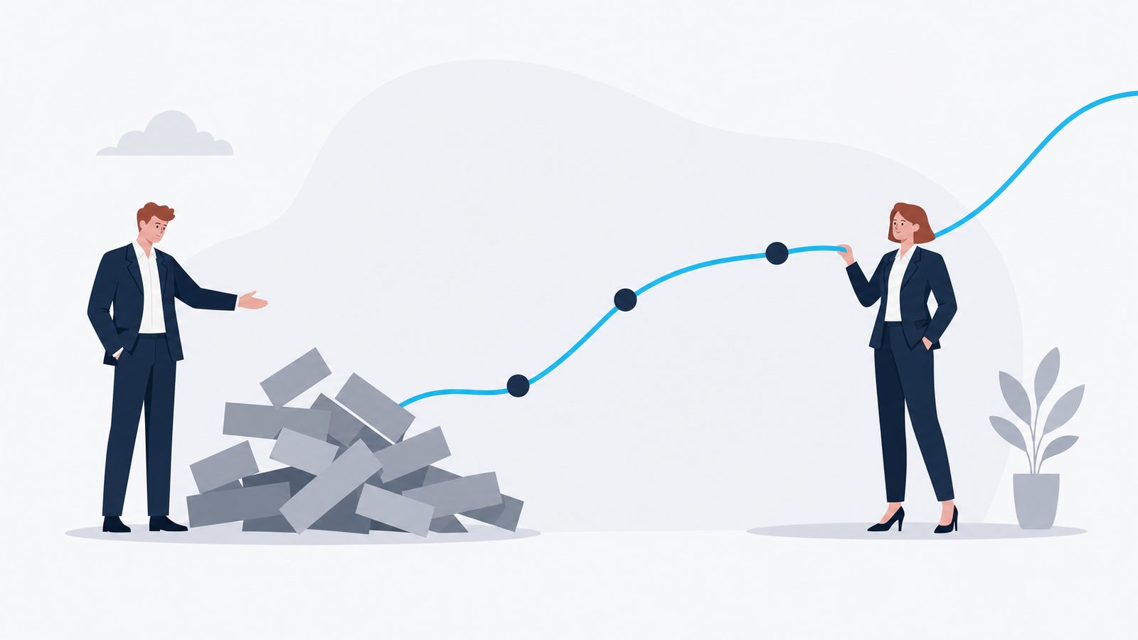 Two navy-suited figures — one gestures at scattered slide fragments while the other guides a single flowing celeste storyline through connecting points