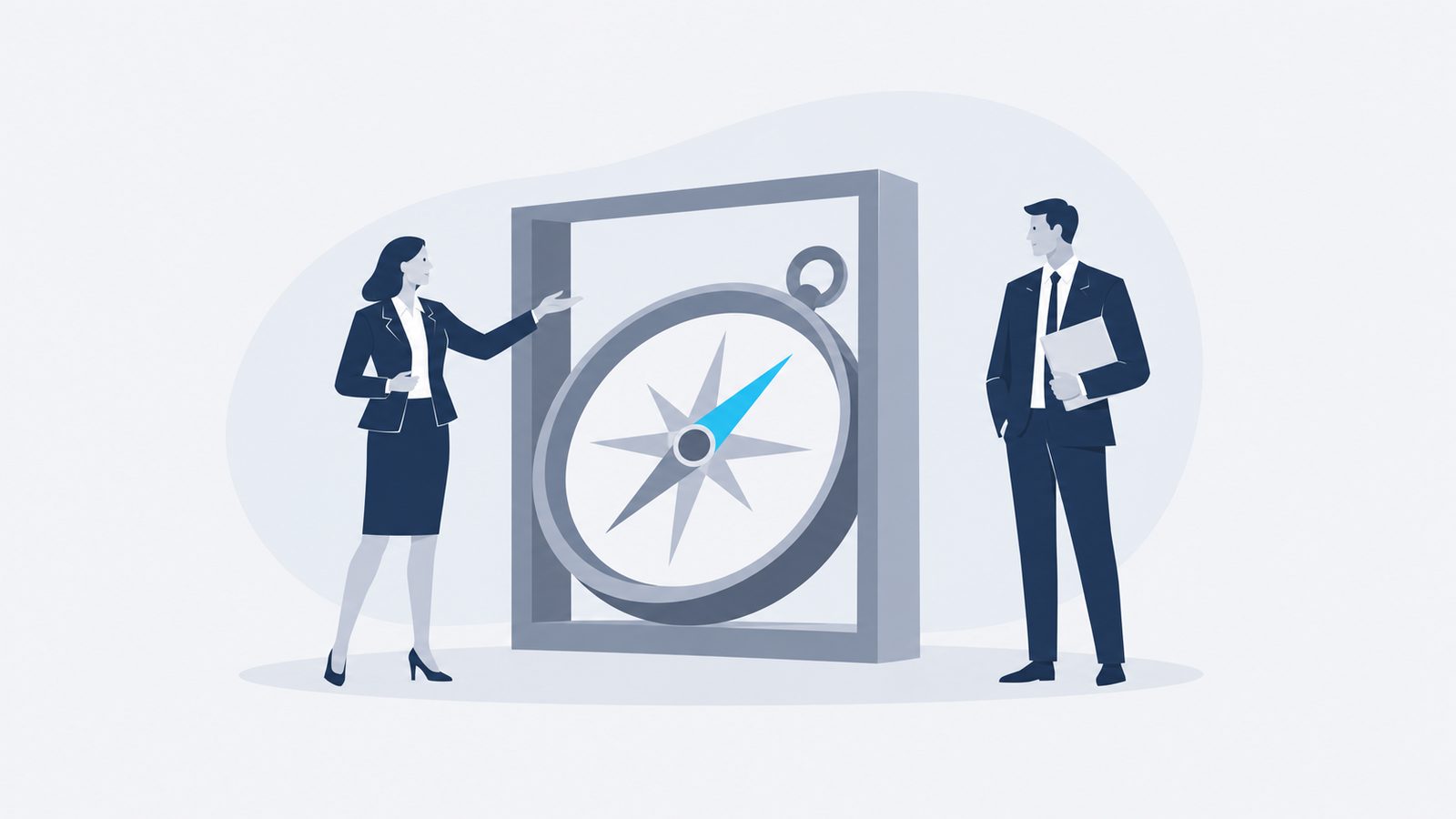 Two navy-suited figures consider a compass with a celeste needle inside an open boundary frame on a light field.