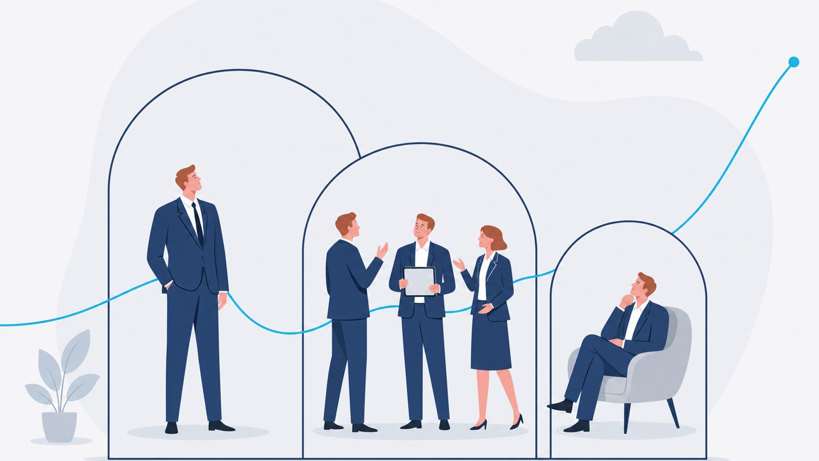 Three nested spaces — individual, organizational, and institutional — held together as a coherent architecture, with judgment moving between them along a single celeste line.