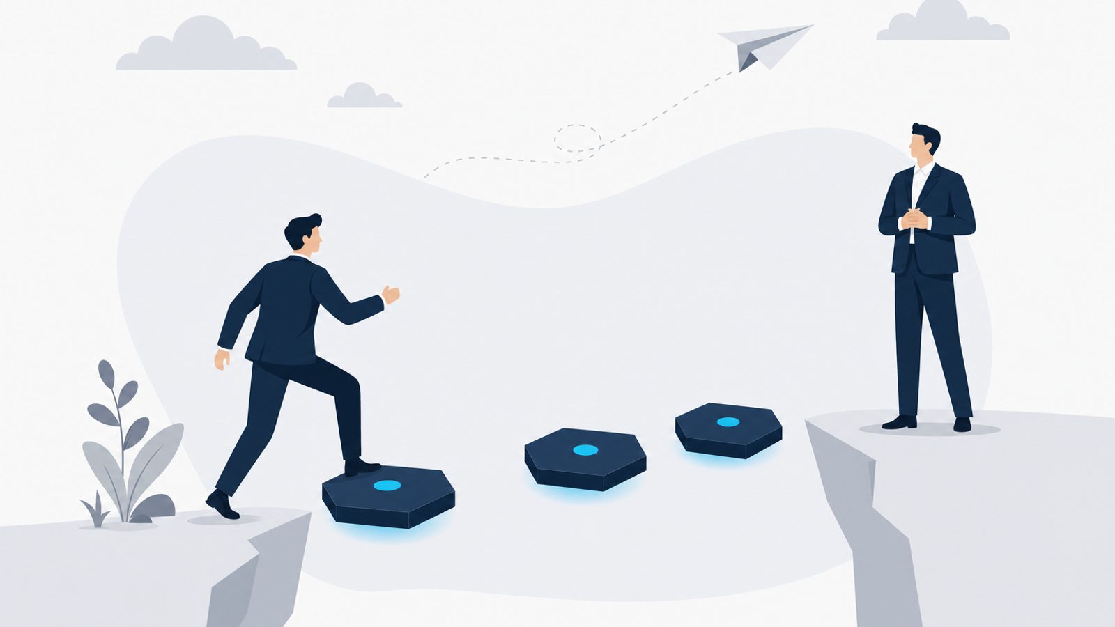 A navy-suited figure steps onto the first celeste stepping stone across a gap while another watches — the first move into uncertainty.