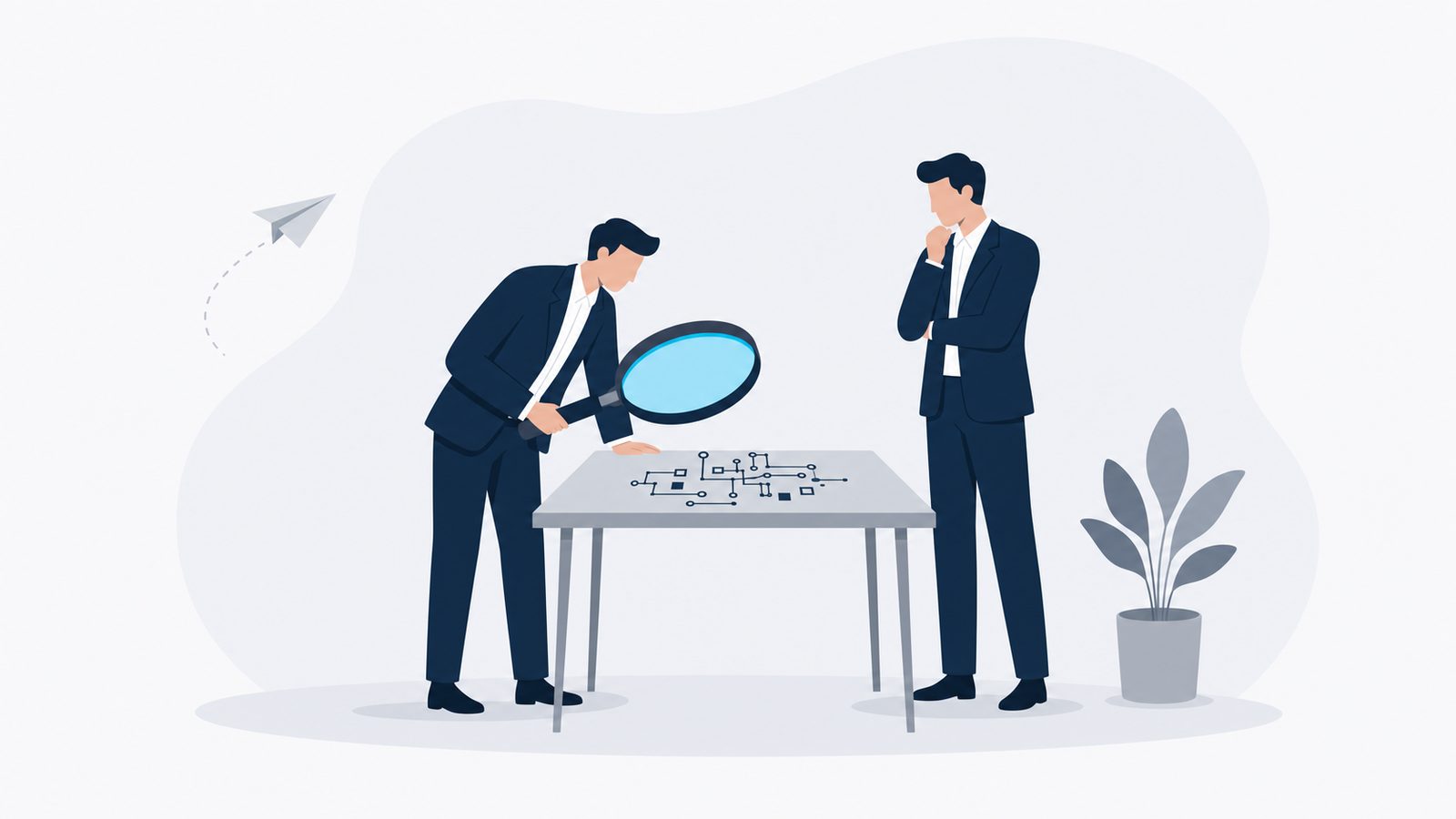 A navy-suited figure examines a small precise object through a celeste-tinted magnifying glass while another observes — attention to detail.