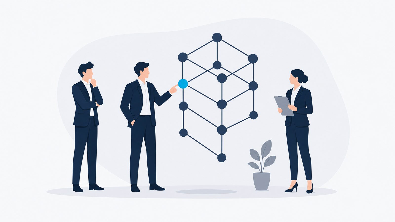 Three navy-suited figures examine a floating navy lattice framework with one node highlighted in celeste — the power of a good leadership model.