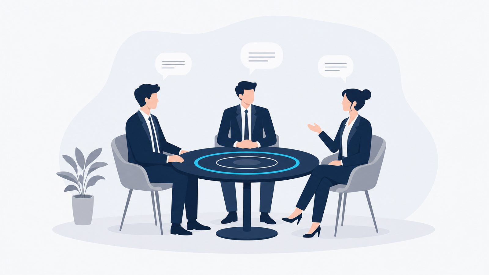 Three navy-suited figures around a round table with three concentric rings; the outermost celeste ring represents the horizon the board shapes.